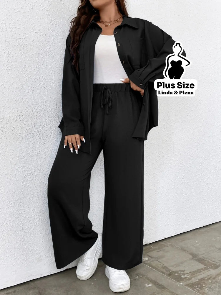Conjunto Blusa Manga Longa Com Bolso E Calça Pantalona Plus Size Conjunto Blusa Manga Longa Com Bolso E Calça Pantalona