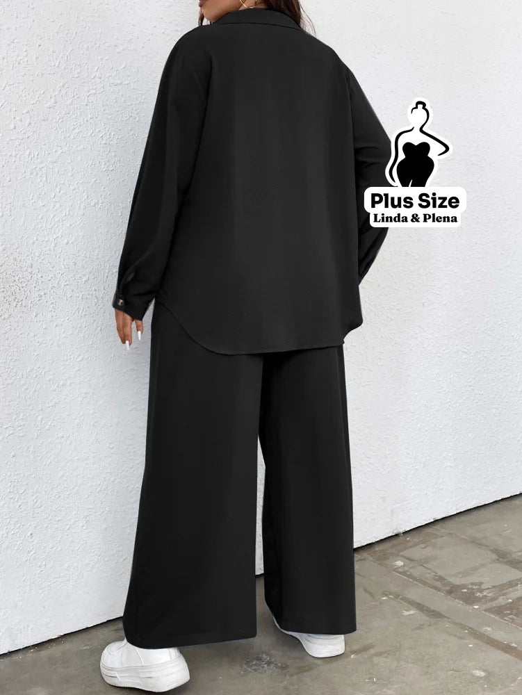 Conjunto Blusa Manga Longa Com Bolso E Calça Pantalona Plus Size Conjunto Blusa Manga Longa Com Bolso E Calça Pantalona