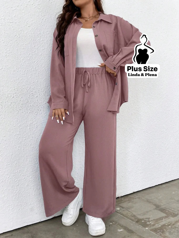 Conjunto Blusa Manga Longa Com Bolso E Calça Pantalona Plus Size Conjunto Blusa Manga Longa Com Bolso E Calça Pantalona