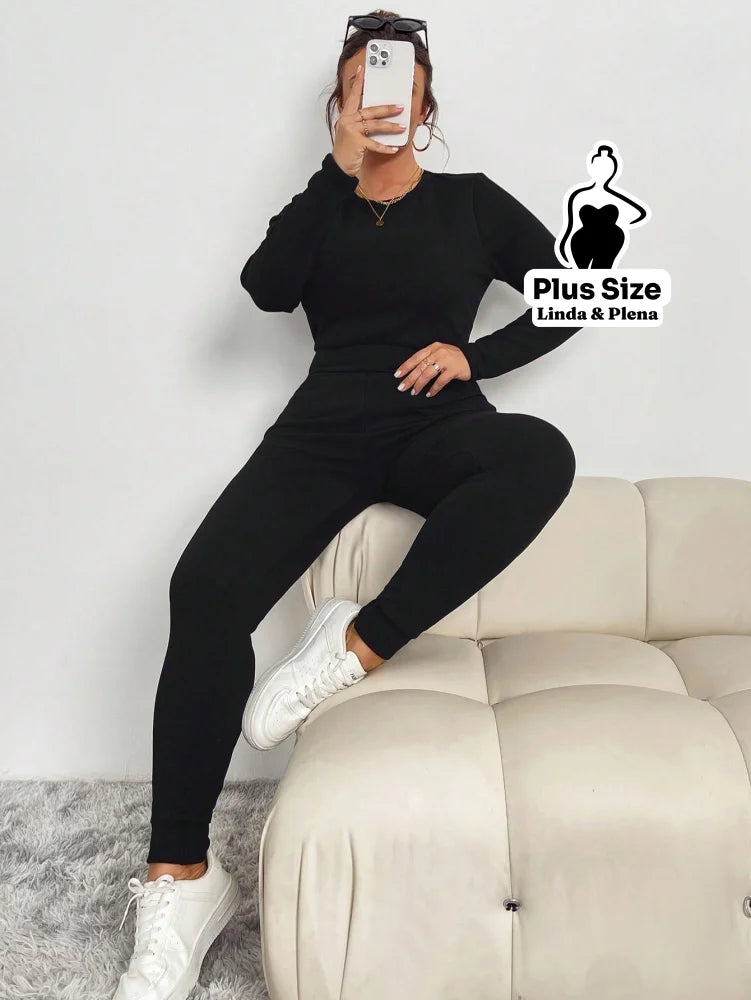 Conjunto Blusa Manga Longa Com Detalhes E Calça Térmica Plus Size Conjunto Blusa Manga Longa Com Detalhes E Calça
