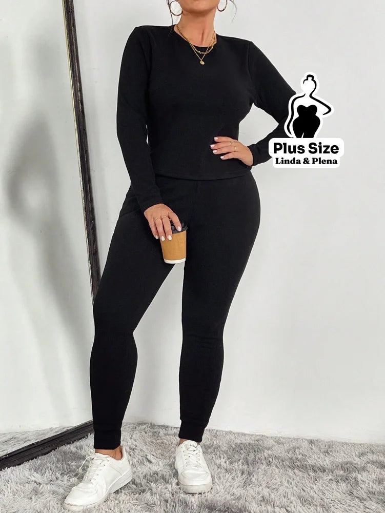Conjunto Blusa Manga Longa Com Detalhes E Calça Térmica Plus Size Conjunto Blusa Manga Longa Com Detalhes E Calça