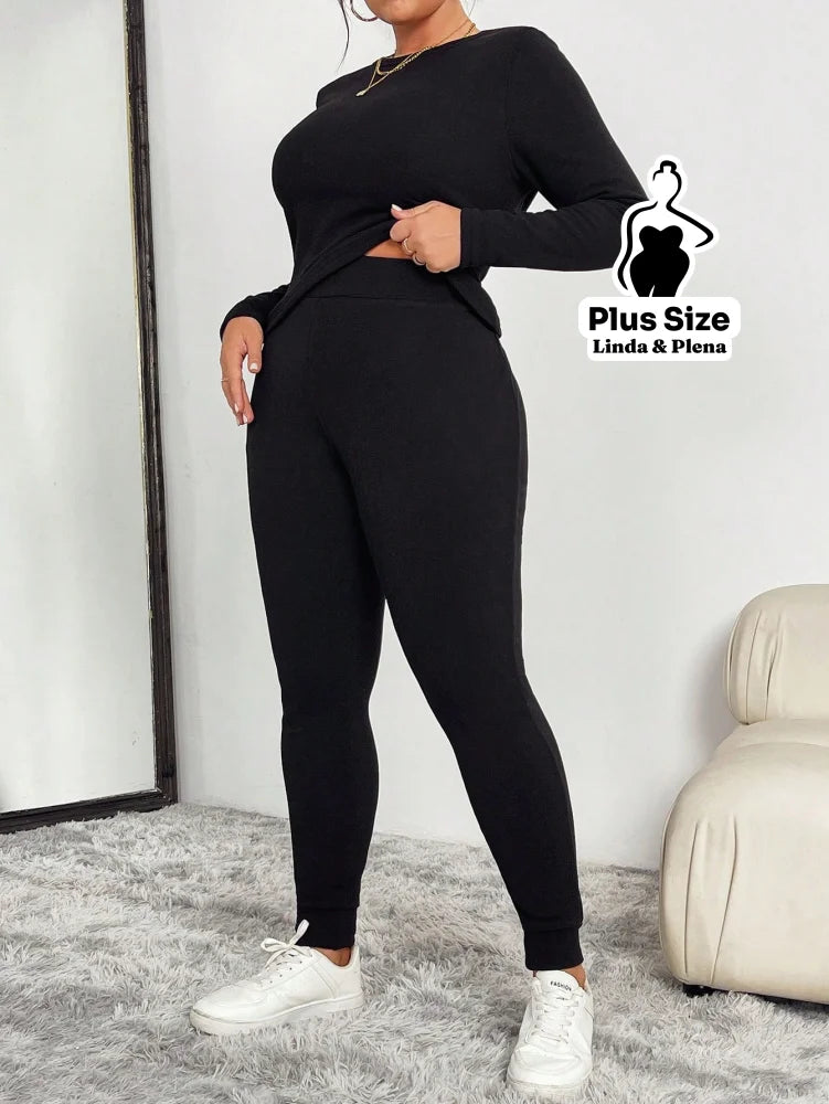 Conjunto Blusa Manga Longa Com Detalhes E Calça Térmica Plus Size Conjunto Blusa Manga Longa Com Detalhes E Calça