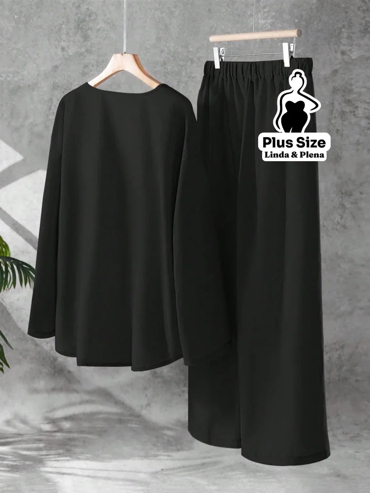 Conjunto Blusa Manga Longa Decote V Calça Pantalona Plus Size Conjunto Blusa Manga Longa Decote V Calça Pantalona Plus