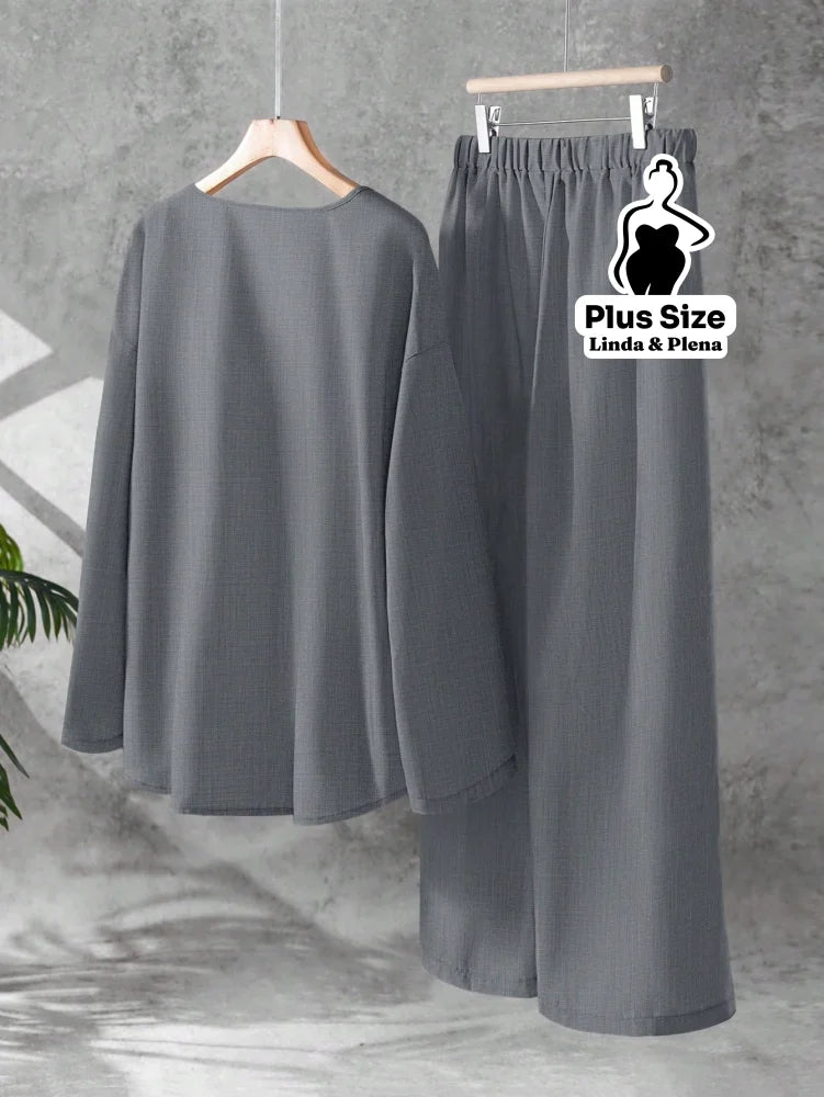 Conjunto Blusa Manga Longa Decote V Calça Pantalona Plus Size Conjunto Blusa Manga Longa Decote V Calça Pantalona Plus