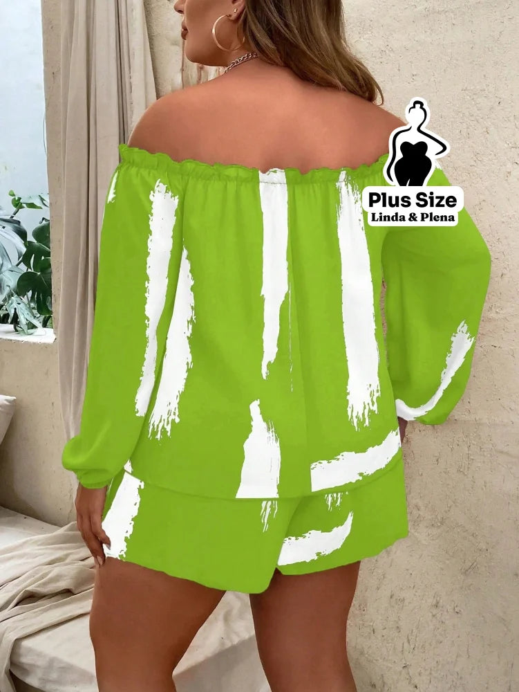 Conjunto Blusa Ombro Manga Longa Shorts Cós Ajustável Plus Size Conjunto Blusa Ombro Manga Longa Shorts Cós Ajustável