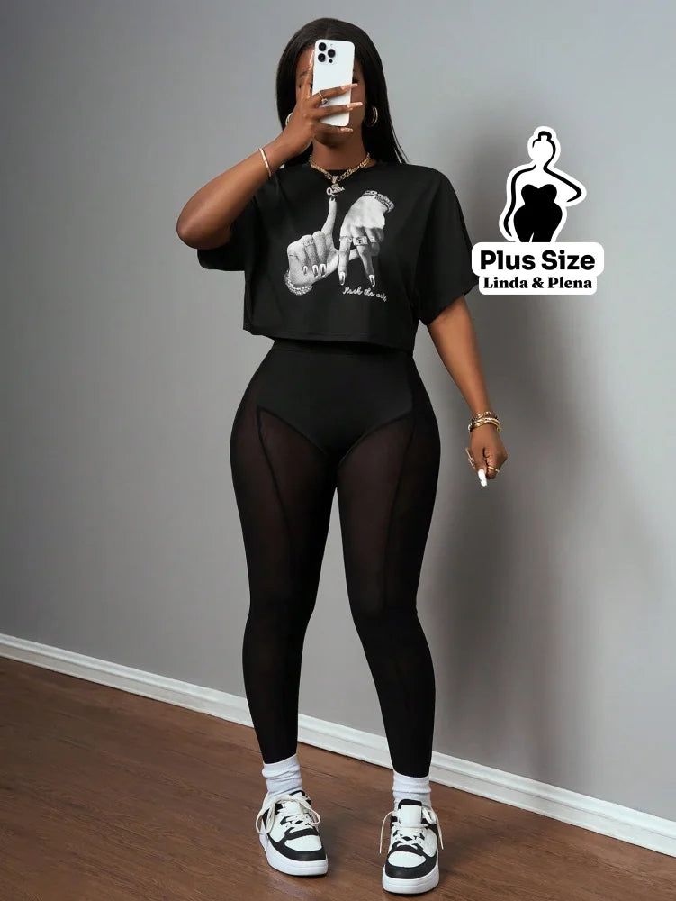 Conjunto Blusa Oversized Com Legging Tule Plus Size Conjunto Blusa Oversized Com Legging Tule Plus Size