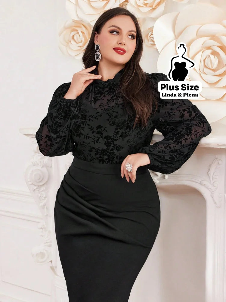 Conjunto Blusa Texturizada Com Cinto E Saia Midi Plus Size Conjunto Blusa Texturizada Com Cinto E Saia Midi Plus Size