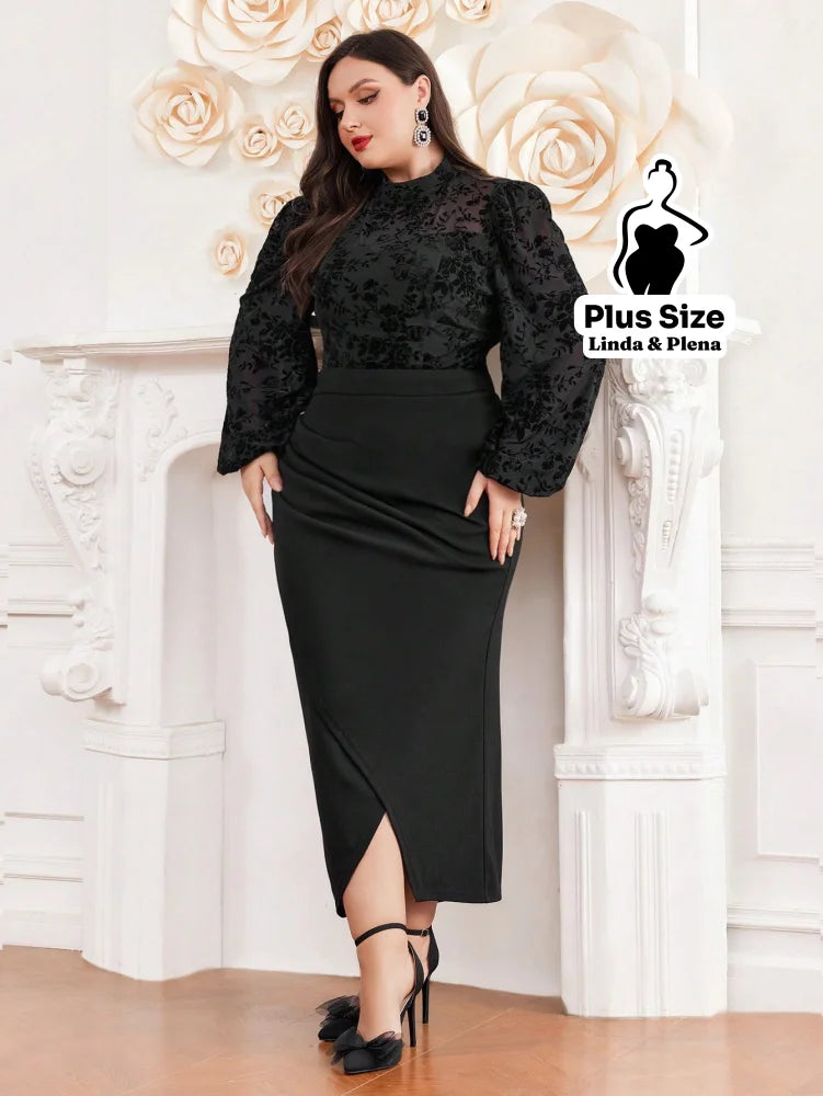 Conjunto Blusa Texturizada Com Cinto E Saia Midi Plus Size Conjunto Blusa Texturizada Com Cinto E Saia Midi Plus Size