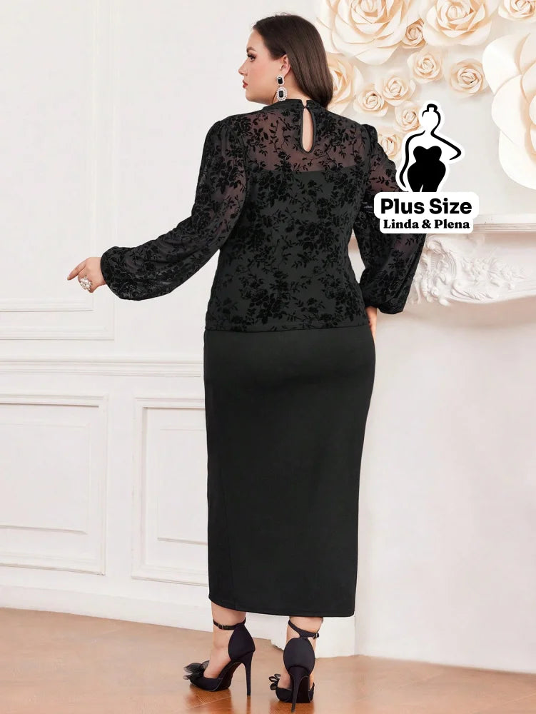 Conjunto Blusa Texturizada Com Cinto E Saia Midi Plus Size Conjunto Blusa Texturizada Com Cinto E Saia Midi Plus Size