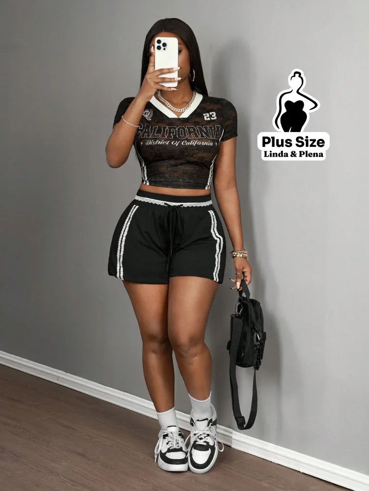 Conjunto Blusa Tule Com Estampa E Shorts Plus Size Conjunto Blusa Tule Com Estampa E Shorts Plus Size