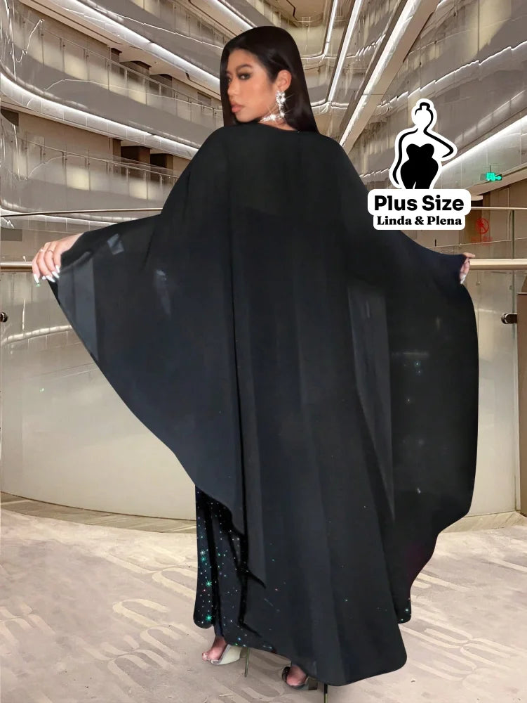 Conjunto Brilhante Com Capa Longa E Saia Rodada Plus Size Conjunto Brilhante Com Capa Longa E Saia Rodada Plus Size