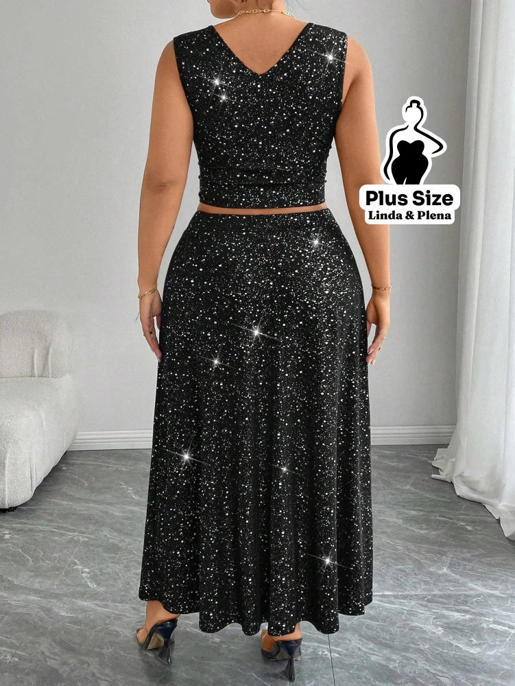 Conjunto Brilhante Com Cropped E Saia Longa Fenda Plus Size Conjunto Brilhante Com Cropped E Saia Longa Fenda Plus Size