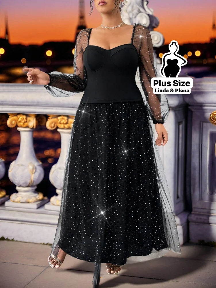 Conjunto Brilhante Com Tule Manga Longa E Saia Longa Plus Size Conjunto Brilhante Com Tule Manga Longa E Saia Longa