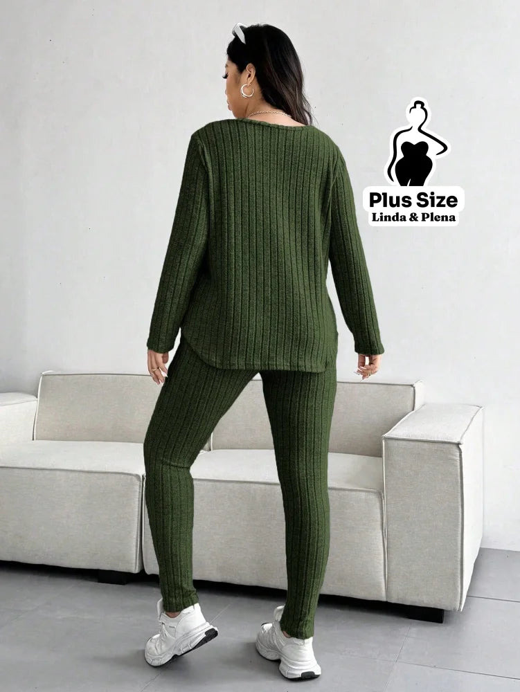 Conjunto Calça Canelada Com Blusa Manga Longa Plus Size Conjunto Calça Canelada Com Blusa Manga Longa Plus Size