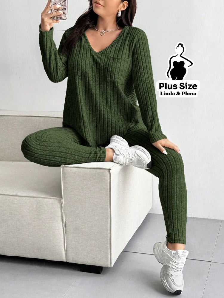 Conjunto Calça Canelada Com Blusa Manga Longa Plus Size Conjunto Calça Canelada Com Blusa Manga Longa Plus Size