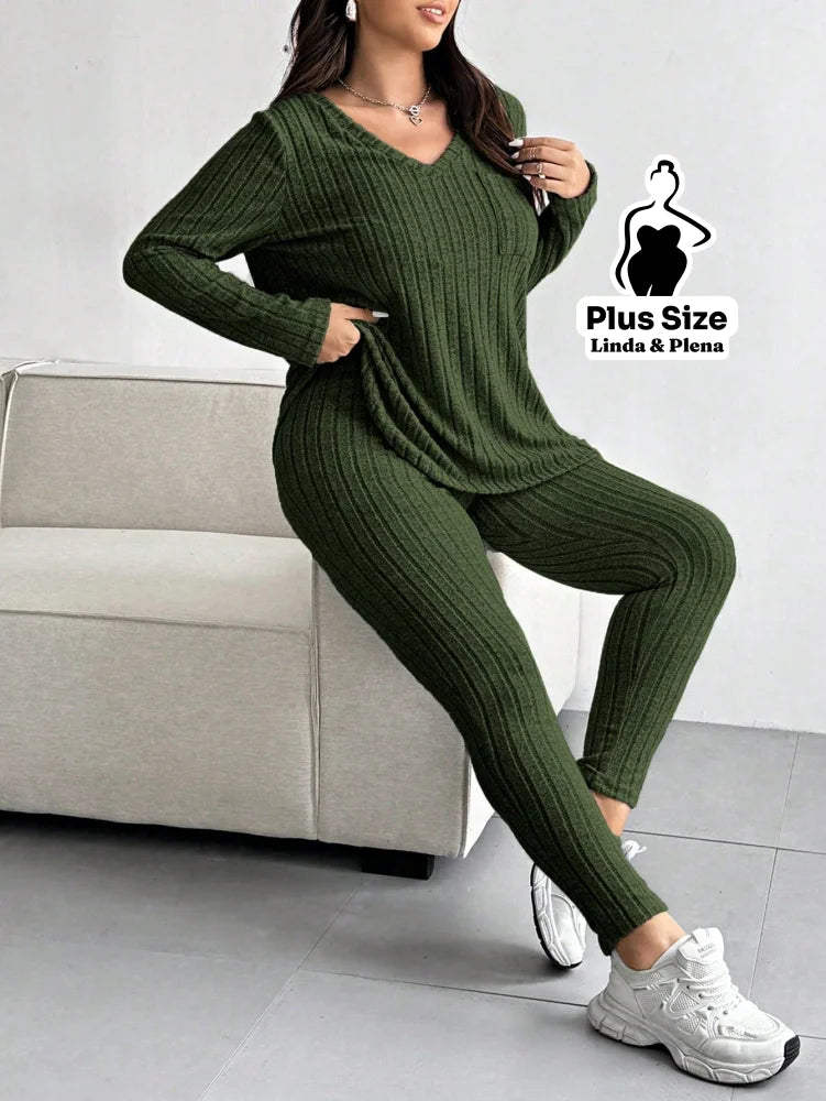 Conjunto Calça Canelada Com Blusa Manga Longa Plus Size Conjunto Calça Canelada Com Blusa Manga Longa Plus Size