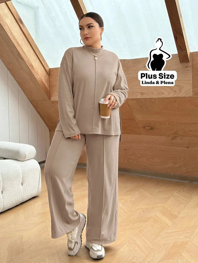 Conjunto Camisa Alongada Com Calça Reta Confortável Plus Size Conjunto Camisa Alongada Com Calça Reta Confortável Plus
