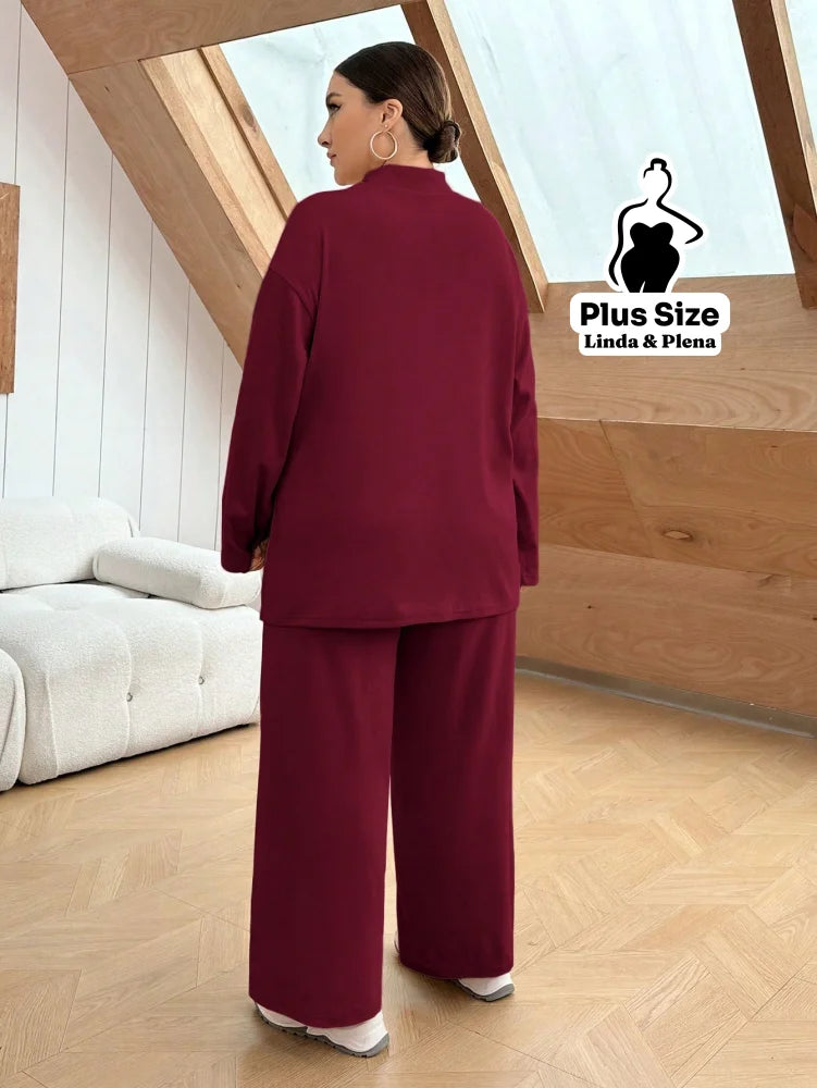 Conjunto Camisa Alongada Com Calça Reta Confortável Plus Size Conjunto Camisa Alongada Com Calça Reta Confortável Plus