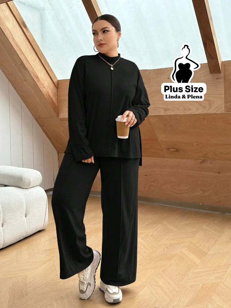 Conjunto Camisa Alongada Com Calça Reta Confortável Plus Size Conjunto Camisa Alongada Com Calça Reta Confortável Plus