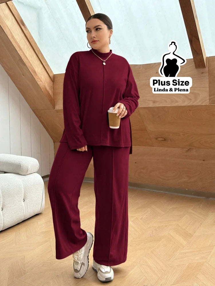 Conjunto Camisa Alongada Com Calça Reta Confortável Plus Size Conjunto Camisa Alongada Com Calça Reta Confortável Plus