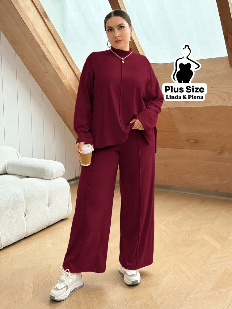 Conjunto Camisa Alongada Com Calça Reta Confortável Plus Size Conjunto Camisa Alongada Com Calça Reta Confortável Plus