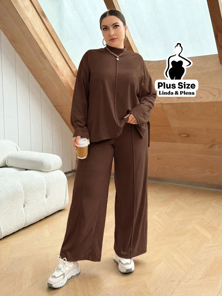 Conjunto Camisa Alongada Com Calça Reta Confortável Plus Size Conjunto Camisa Alongada Com Calça Reta Confortável Plus