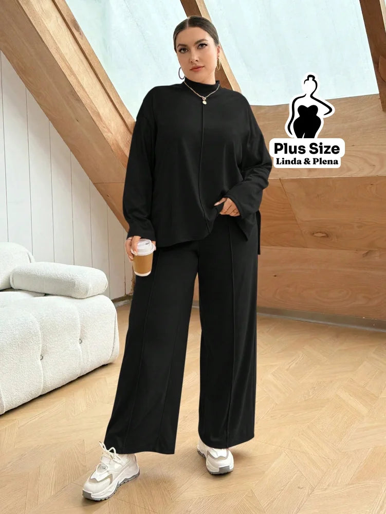 Conjunto Camisa Alongada Com Calça Reta Confortável Plus Size Conjunto Camisa Alongada Com Calça Reta Confortável Plus