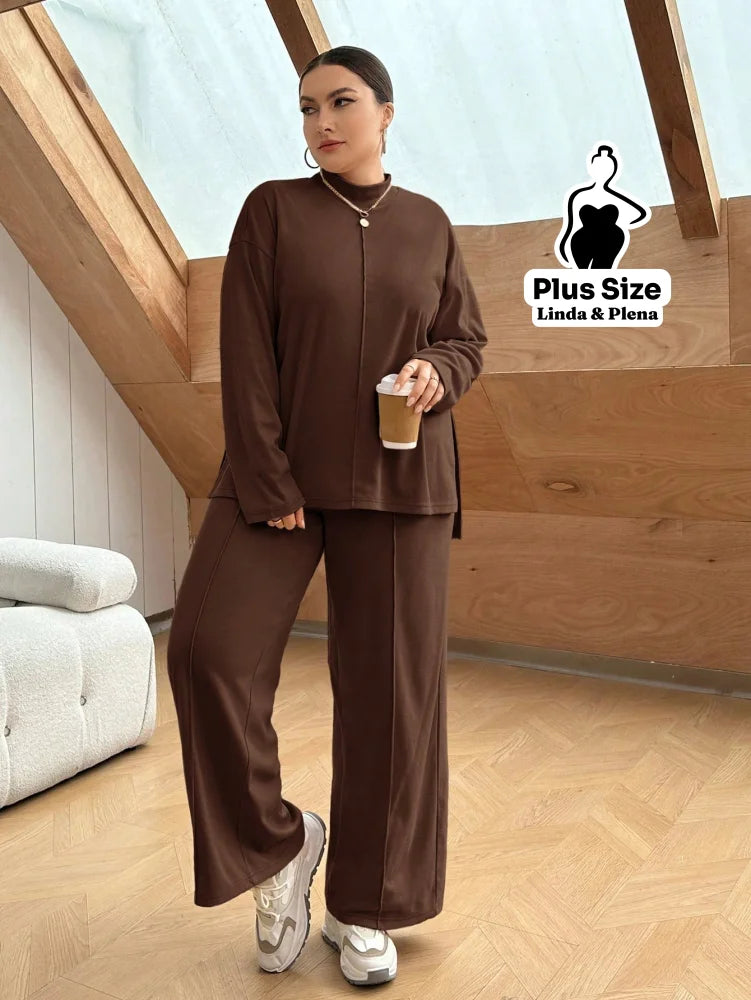 Conjunto Camisa Alongada Com Calça Reta Confortável Plus Size Conjunto Camisa Alongada Com Calça Reta Confortável Plus