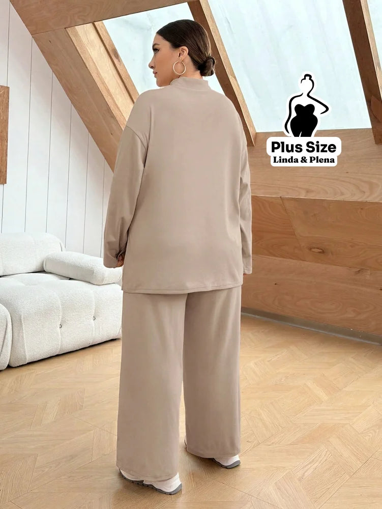 Conjunto Camisa Alongada Com Calça Reta Confortável Plus Size Conjunto Camisa Alongada Com Calça Reta Confortável Plus