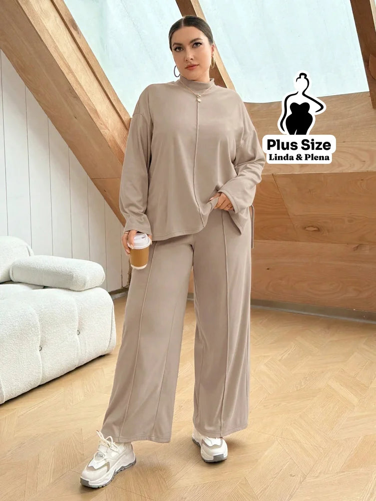 Conjunto Camisa Alongada Com Calça Reta Confortável Plus Size Conjunto Camisa Alongada Com Calça Reta Confortável Plus