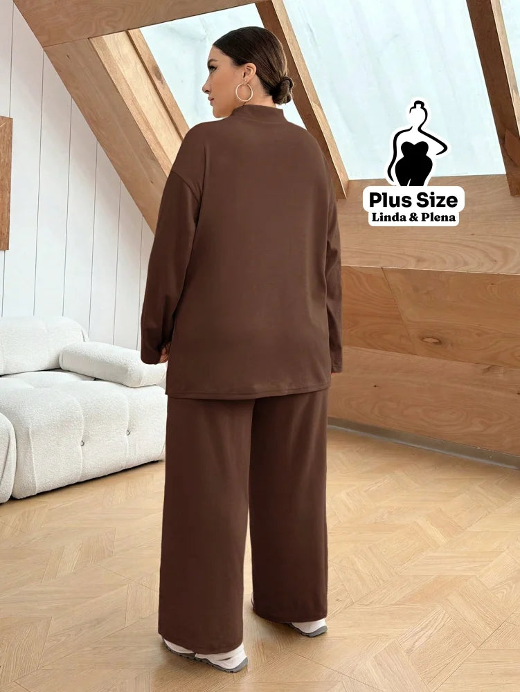 Conjunto Camisa Alongada Com Calça Reta Confortável Plus Size Conjunto Camisa Alongada Com Calça Reta Confortável Plus