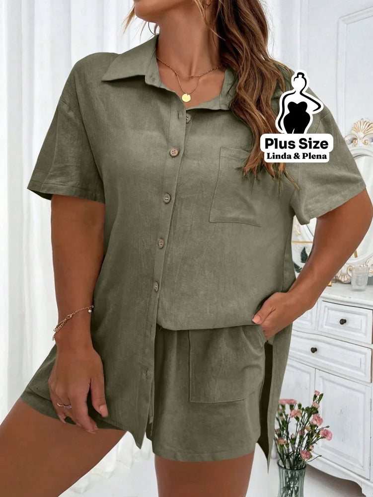 Conjunto Camisa Manga Curta Com Short Amplo Plus Size Conjunto Camisa Manga Curta Com Short Amplo Plus Size