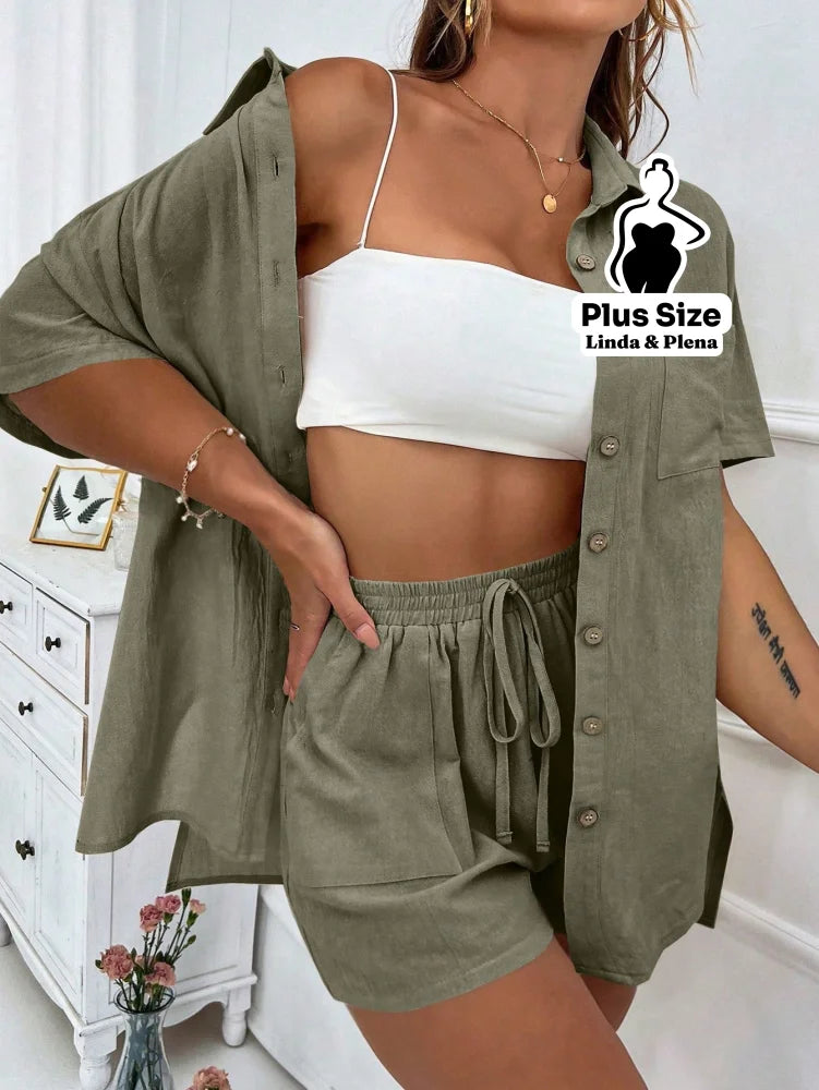 Conjunto Camisa Manga Curta Com Short Amplo Plus Size Conjunto Camisa Manga Curta Com Short Amplo Plus Size