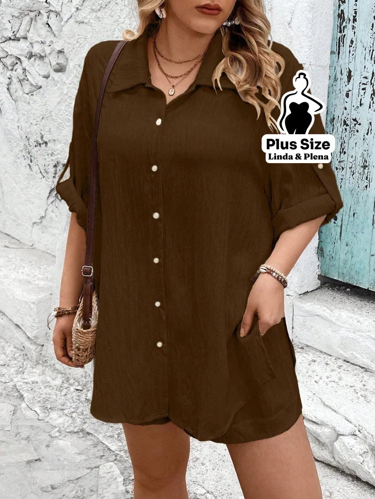 Conjunto Camisa Manga Curta Shorts Cós Elástico Plus Size Conjunto Camisa Manga Curta Shorts Cós Elástico Plus Size