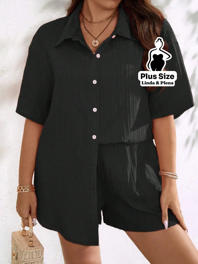 Conjunto Camisa Manga Curta Shorts Cós Elástico Plus Size Conjunto Camisa Manga Curta Shorts Cós Elástico Plus Size