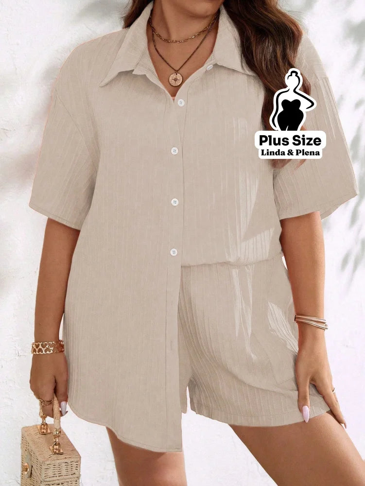 Conjunto Camisa Manga Curta Shorts Cós Elástico Plus Size Conjunto Camisa Manga Curta Shorts Cós Elástico Plus Size