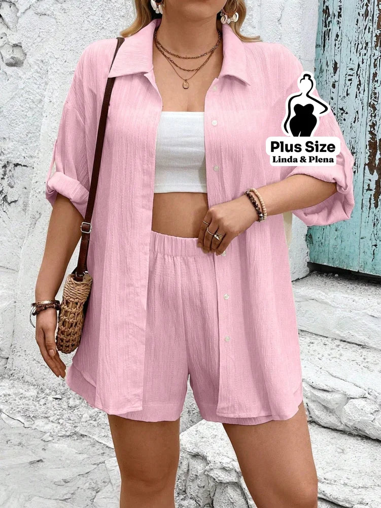 Conjunto Camisa Manga Curta Shorts Cós Elástico Plus Size Conjunto Camisa Manga Curta Shorts Cós Elástico Plus Size
