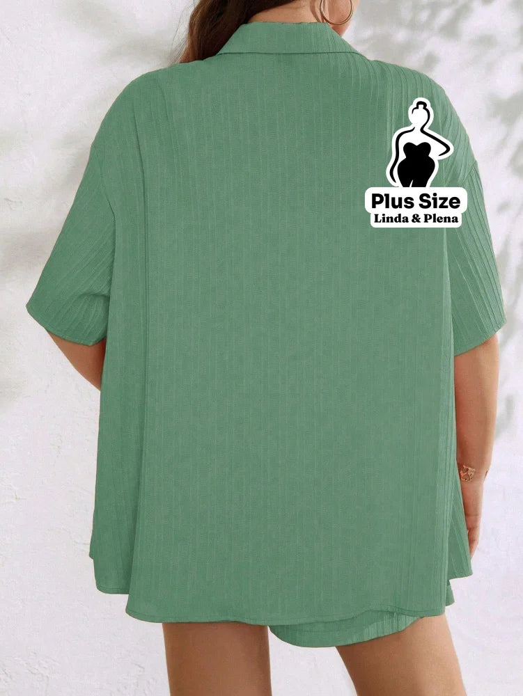 Conjunto Camisa Manga Curta Shorts Cós Elástico Plus Size Conjunto Camisa Manga Curta Shorts Cós Elástico Plus Size