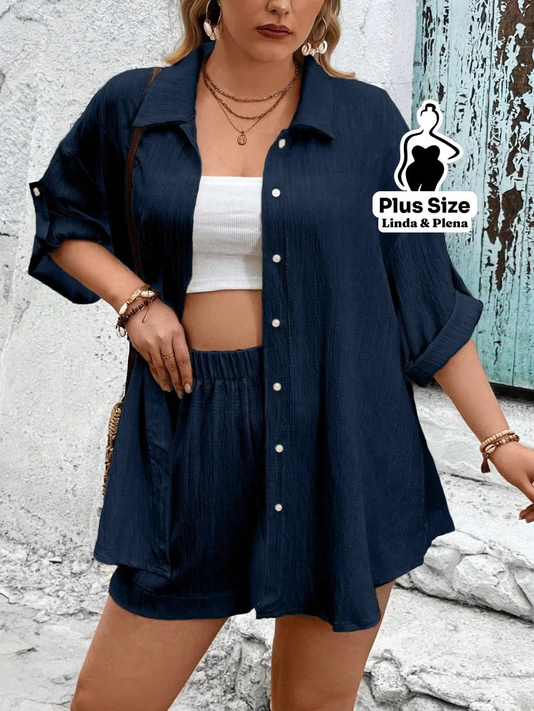 Conjunto Camisa Manga Curta Shorts Cós Elástico Plus Size Conjunto Camisa Manga Curta Shorts Cós Elástico Plus Size