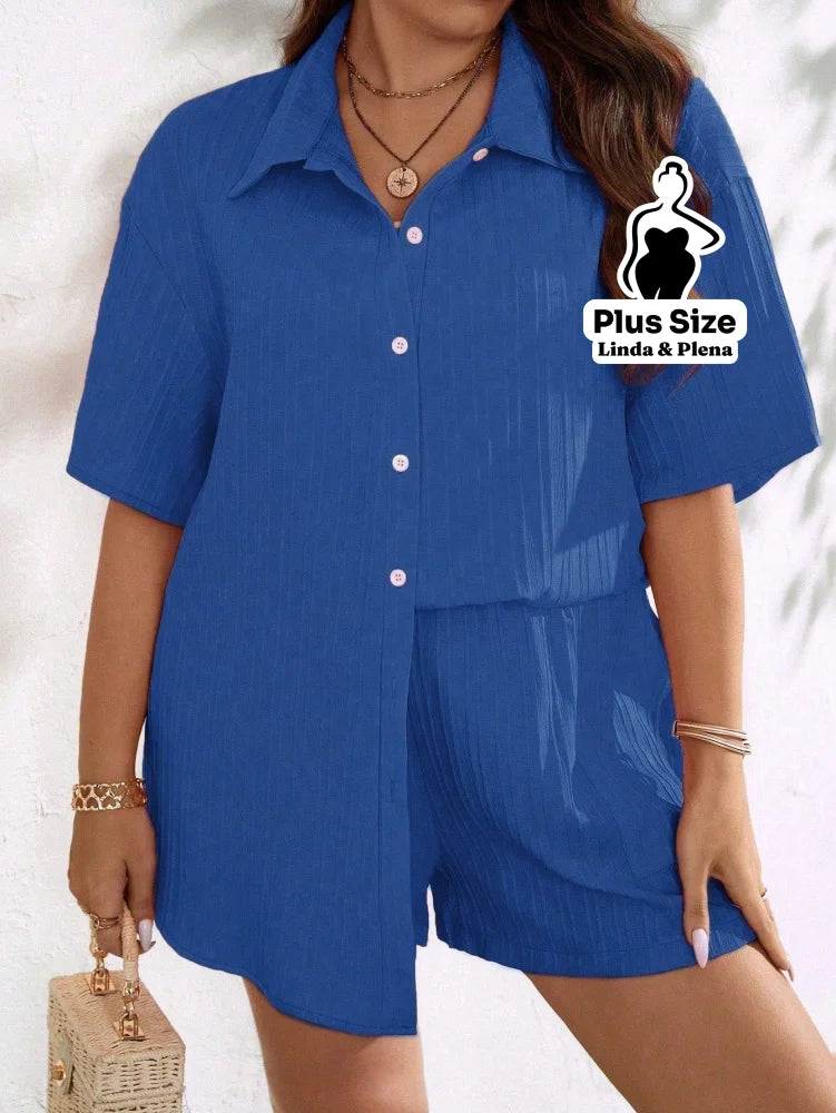 Conjunto Camisa Manga Curta Shorts Cós Elástico Plus Size Conjunto Camisa Manga Curta Shorts Cós Elástico Plus Size