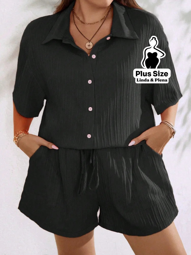 Conjunto Camisa Manga Curta Shorts Cós Elástico Plus Size Conjunto Camisa Manga Curta Shorts Cós Elástico Plus Size