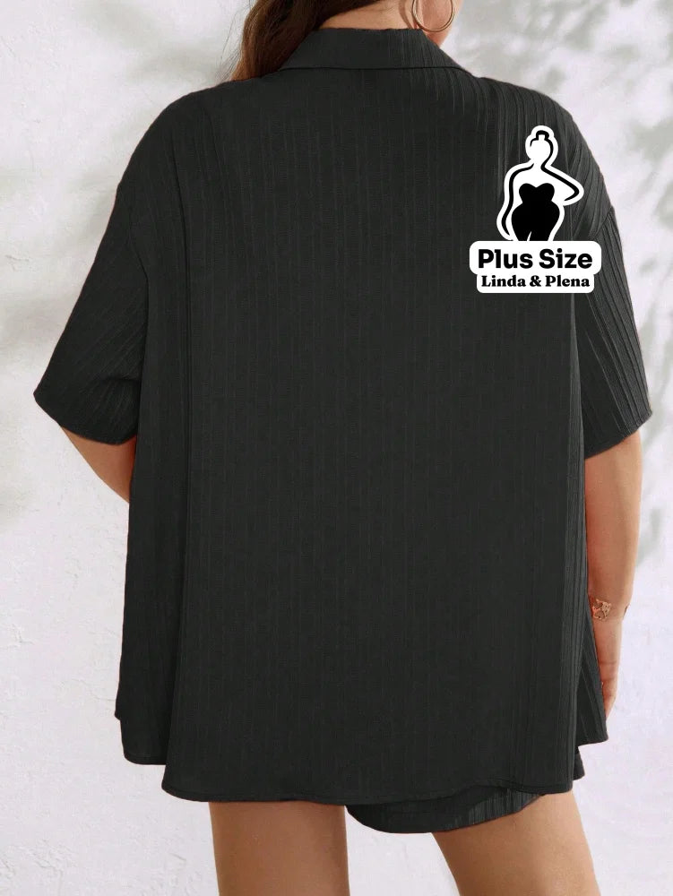 Conjunto Camisa Manga Curta Shorts Cós Elástico Plus Size Conjunto Camisa Manga Curta Shorts Cós Elástico Plus Size