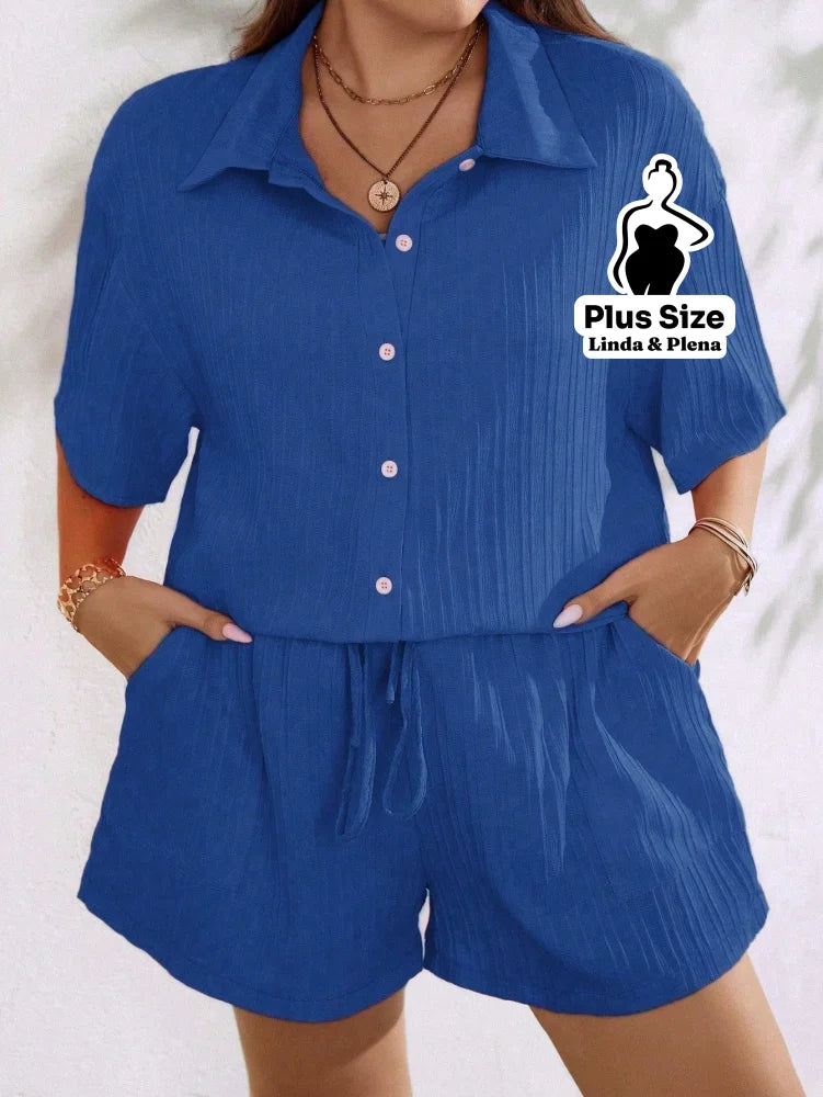 Conjunto Camisa Manga Curta Shorts Cós Elástico Plus Size Conjunto Camisa Manga Curta Shorts Cós Elástico Plus Size