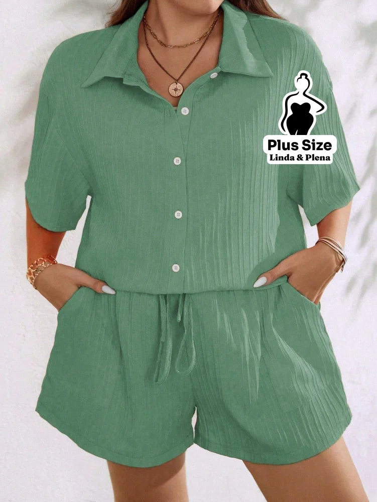 Conjunto Camisa Manga Curta Shorts Cós Elástico Plus Size Conjunto Camisa Manga Curta Shorts Cós Elástico Plus Size