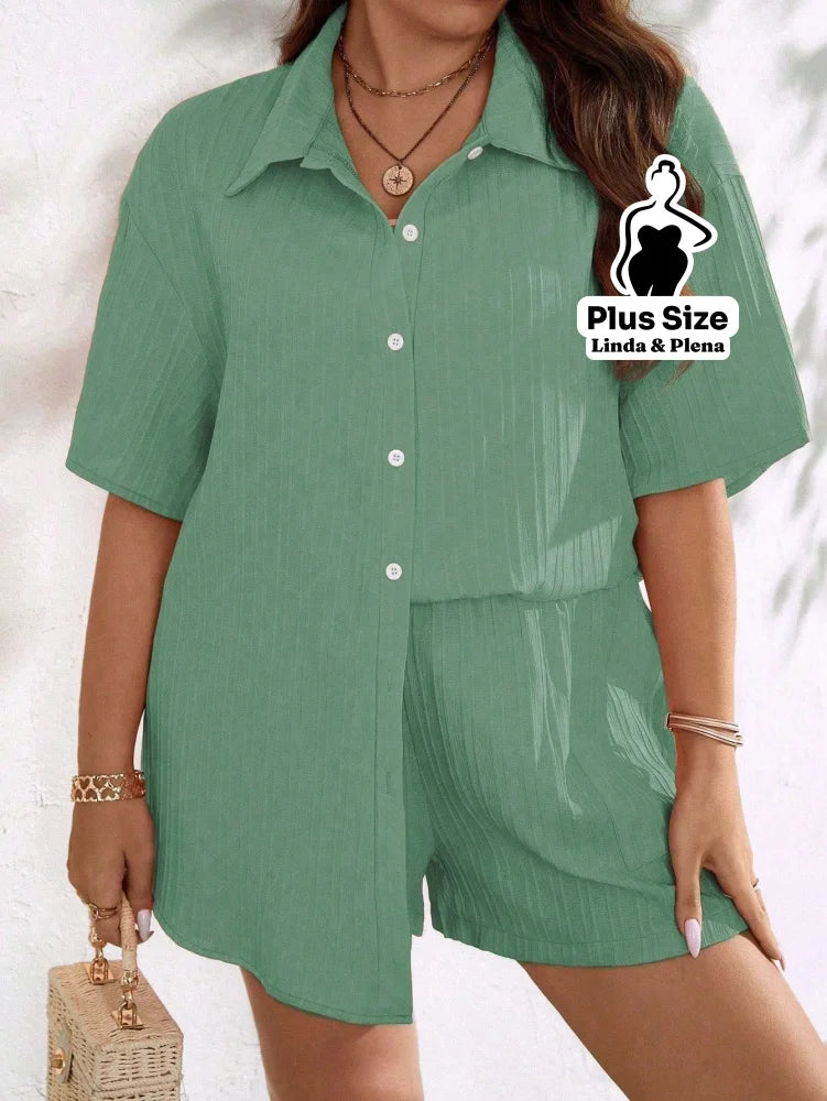 Conjunto Camisa Manga Curta Shorts Cós Elástico Plus Size Conjunto Camisa Manga Curta Shorts Cós Elástico Plus Size