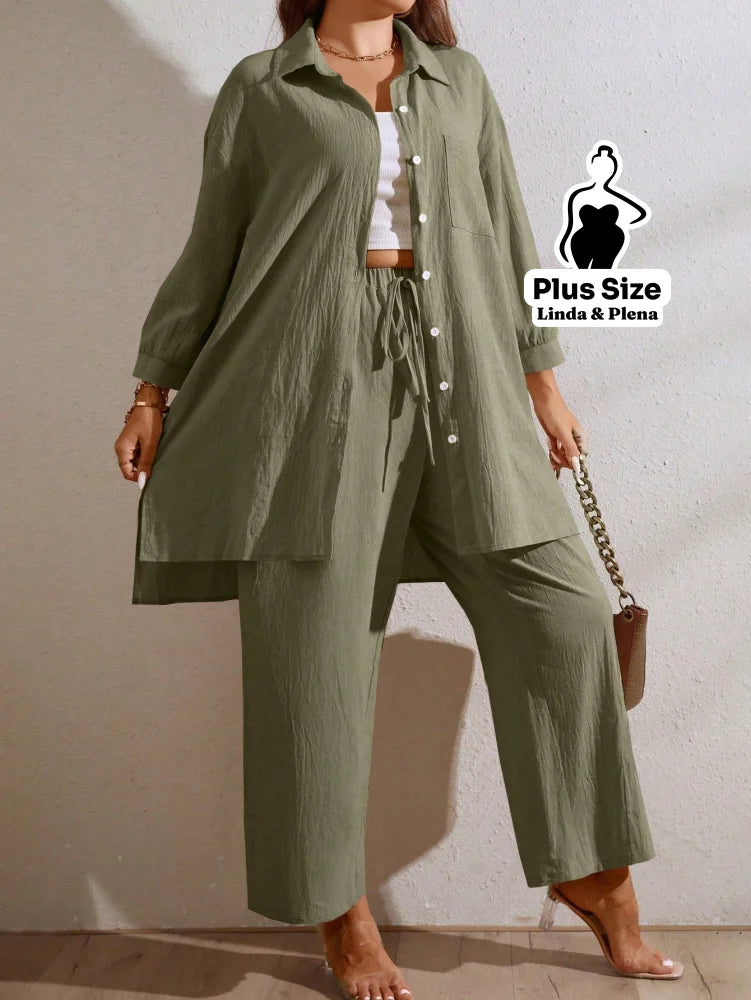 Conjunto Camisa Oversized E Calça Solta Em Algodão Plus Size Conjunto Camisa Oversized E Calça Solta Em Algodão Plus