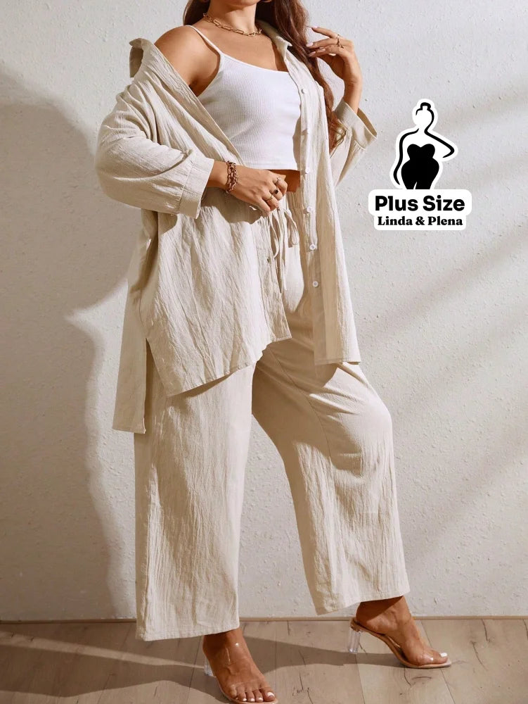 Conjunto Camisa Oversized E Calça Solta Em Algodão Plus Size Conjunto Camisa Oversized E Calça Solta Em Algodão Plus