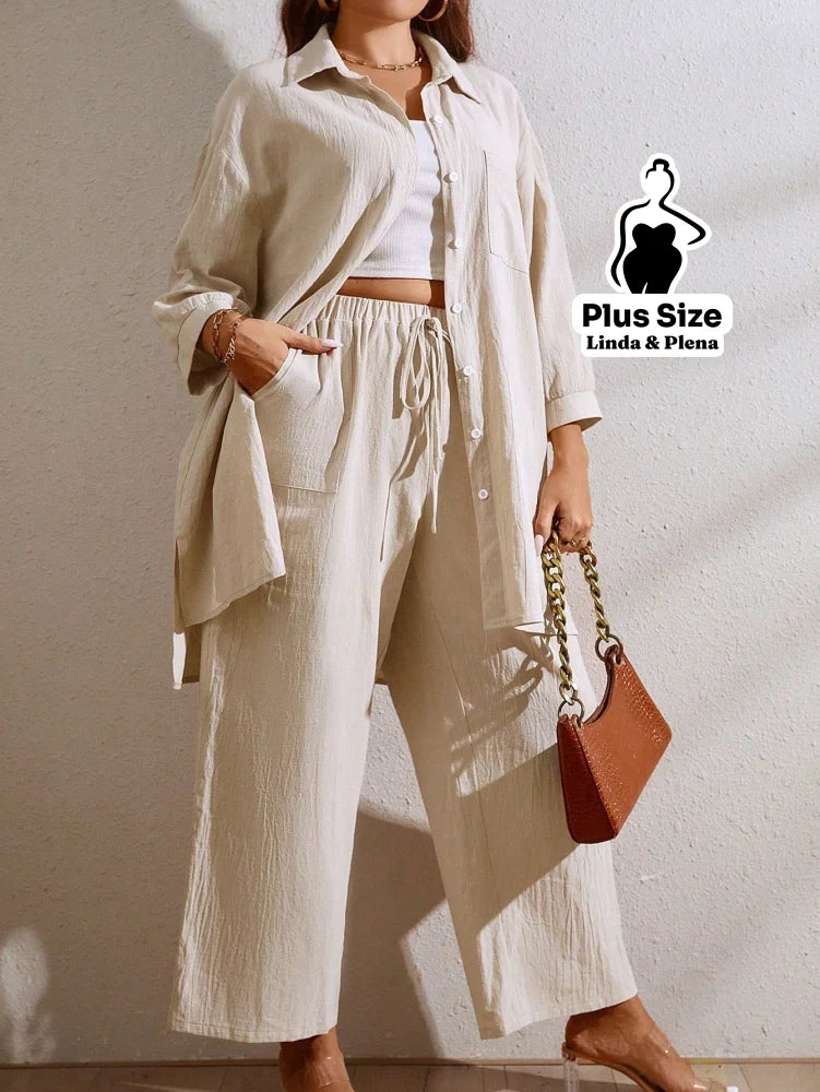 Conjunto Camisa Oversized E Calça Solta Em Algodão Plus Size Conjunto Camisa Oversized E Calça Solta Em Algodão Plus