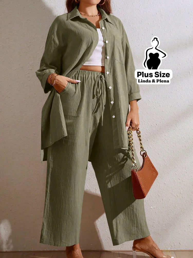Conjunto Camisa Oversized E Calça Solta Em Algodão Plus Size Conjunto Camisa Oversized E Calça Solta Em Algodão Plus
