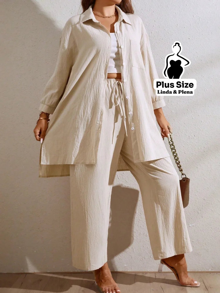 Conjunto Camisa Oversized E Calça Solta Em Algodão Plus Size Conjunto Camisa Oversized E Calça Solta Em Algodão Plus